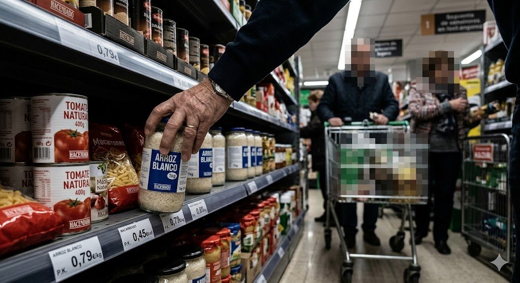 Primer plano de una mano seleccionando un envase de arroz de marca blanca en el estante de un supermercado con precios económicos para ilustrar cómo comprar lo más barato.