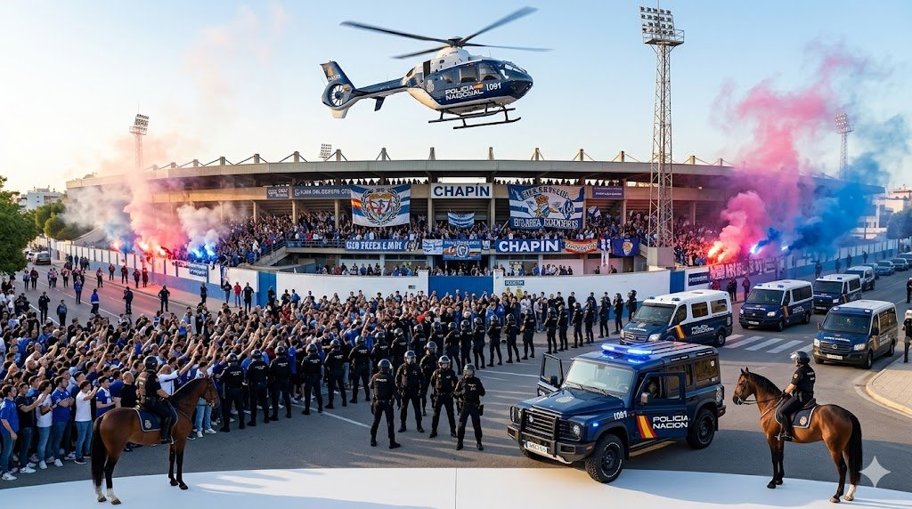 Plano general aéreo de los exteriores del estadio Chapín en Jerez durante un derbi de fútbol. Un helicóptero de la Policía Nacional sobrevuela la zona entre humo de bengalas rosas y azules. En la calle, un cordón de agentes de la UIP, vehículos policiales, dos policías a caballo y grandes grupos de aficionados separados.