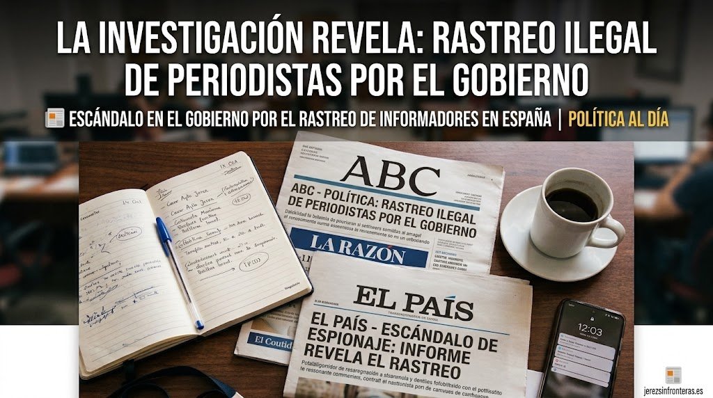 Escritorio de redacción periodística en plano cenital con periódicos impresos, cuaderno de notas, bolígrafo, teléfono móvil y una taza de café.