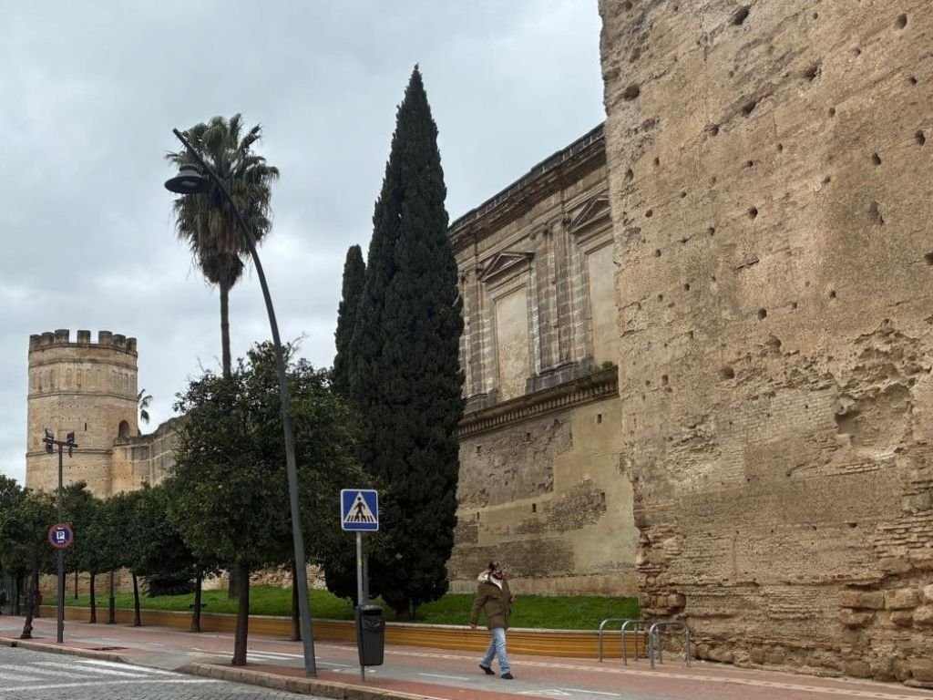 Vista exterior de las murallas del Alcázar de Jerez de la Frontera, mostrando una torre albarrana octogonal, lienzos de muralla de tapial y piedra, cipreses y una palmera bajo un cielo nublado en la zona de la Alameda Vieja.