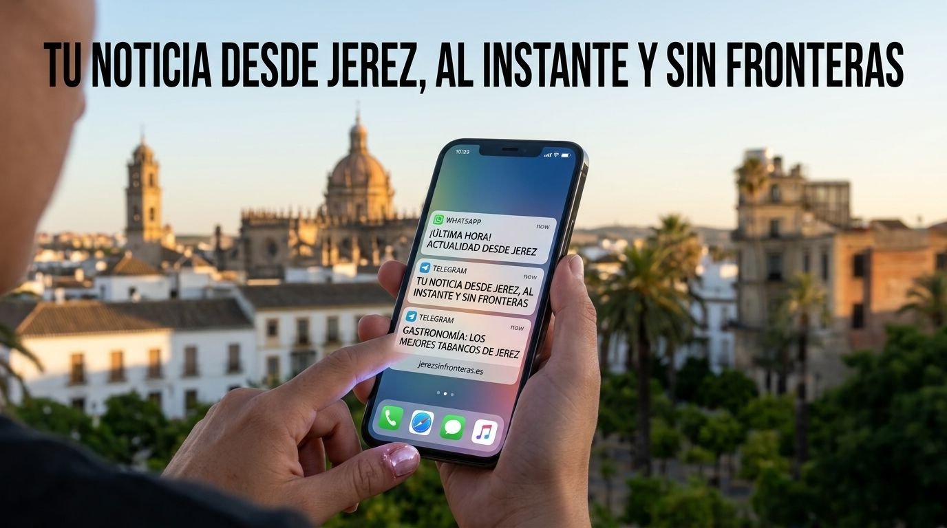 Pantalla de un teléfono inteligente con notificaciones de los canales de noticias de Jerez Sin Fronteras sosteniéndose sobre un fondo panorámico del centro histórico de Jerez de la Frontera.
