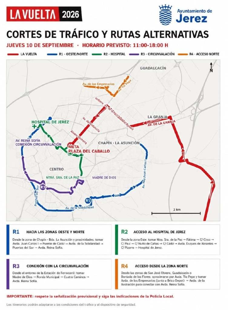 Plano oficial del Ayuntamiento de Jerez con los cortes de tráfico y rutas alternativas de circulación marcadas en colores durante la jornada de La Vuelta Ciclista a España.