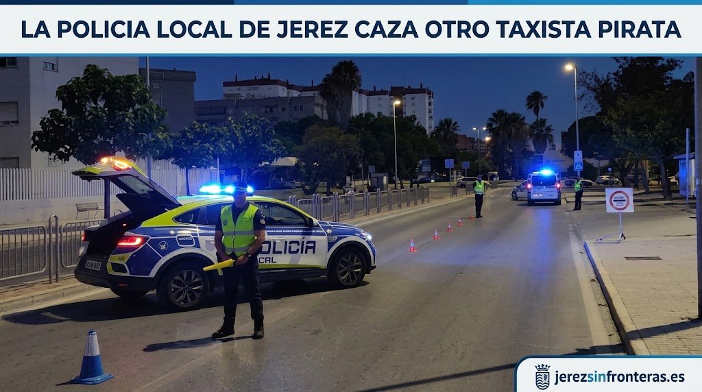 Control nocturno de la Policía Local de Jerez en una avenida de la ciudad con un vehículo patrulla en primer plano.