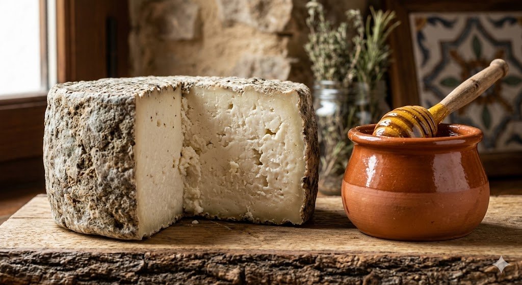 Primer plano detallado de una pieza de queso de cabra payoyo artesanal con un corte que muestra su textura interior blanca y porosa, junto a un tarro de barro con miel de la Sierra y un palote mielero sobre una tabla de madera rústica.