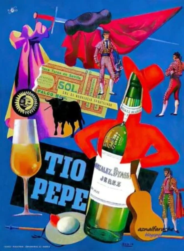 Composición artística de Tío Pepe sobre fondo azul con motivos de la cultura española, una copa de vino fino y escenas de tauromaquia.