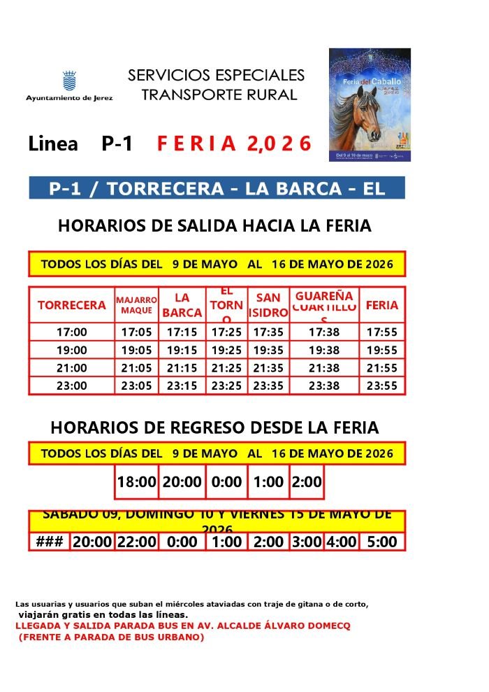 Horarios de las líneas rurales de autobús para la Feria de Jerez 2026.