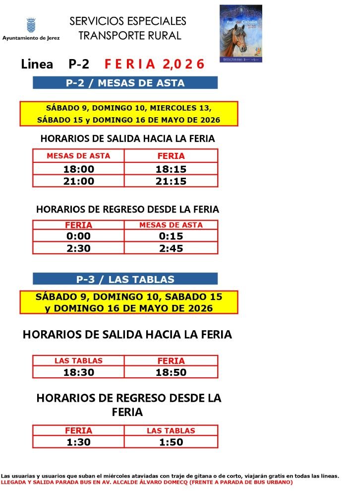 Horarios de las líneas rurales de autobús para la Feria de Jerez 2026.