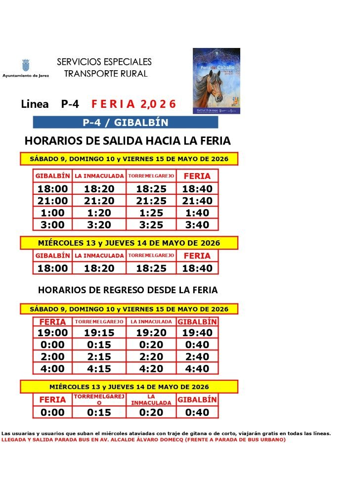 Horarios de las líneas rurales de autobús para la Feria de Jerez 2026.
