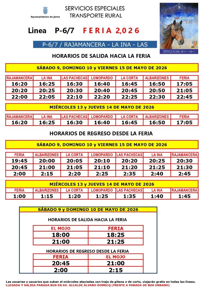 Horarios de las líneas rurales de autobús para la Feria de Jerez 2026.