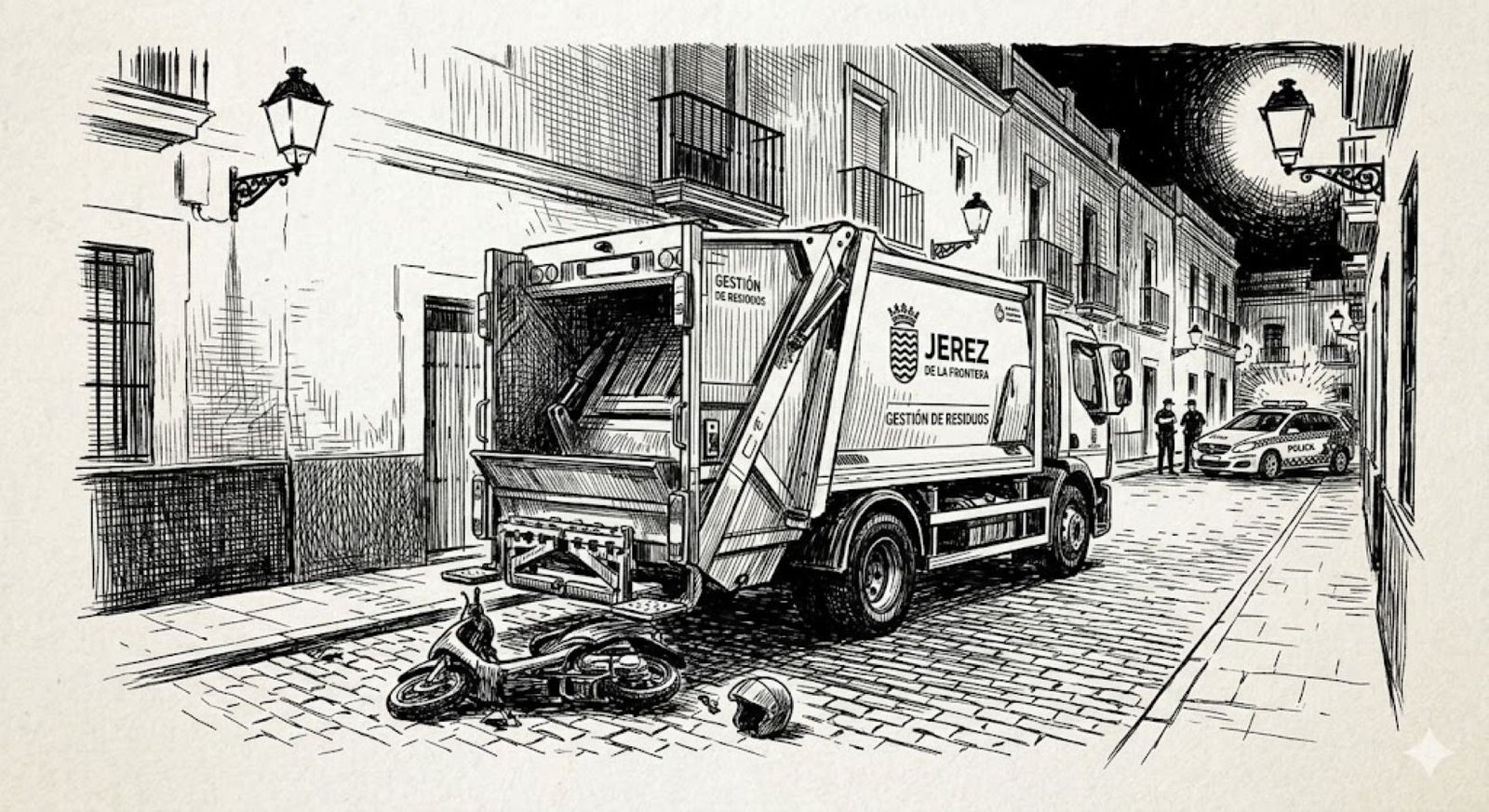 Un dibujo a pluma y tinta de estilo reportaje de una escena nocturna en Jerez de la Frontera, mostrando un gran camión de basura estacionado en una calle adoquinada con "JEREZ DE LA FRONTERA GESTIÓN DE RESIDUOS" escrito en el lateral. En primer plano, una scooter destrozada y un casco yacen en la acera. En el fondo, dos coches de la Policía Local de Jerez con luces intermitentes persiguen a otra moto, con edificios históricos bordeando la calle.