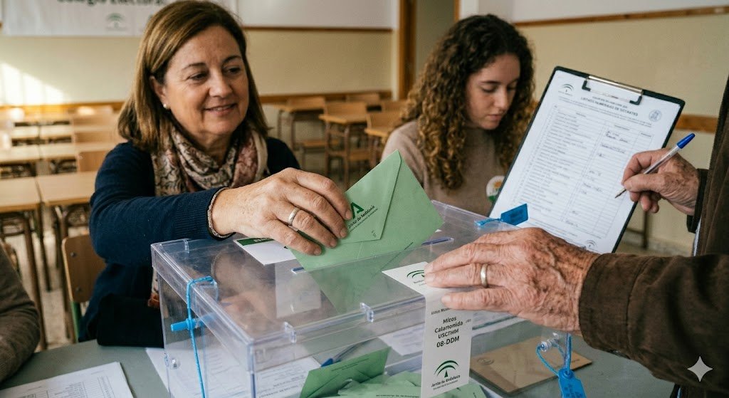 Plano medio de un ciudadano en Jerez introduciendo un sobre verde de votación oficial en la urna transparente a las 12:00 PM, con la presidenta de la mesa electoral supervisando el proceso en segundo plano.