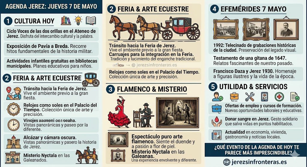 Infografía ilustrativa para jerezsinfronteras.es que resume visualmente la agenda de eventos del 7 de mayo en Jerez. Se divide en cinco secciones principales con iconos y descripciones cortas: 1. Cultura Hoy (con el Ateneo y Pavía a Breda); 2. Feria & Arte Ecuestre (con caballos y carruajes); 3. Flamenco & Misterio (con una bailaora y una casa misteriosa); 4. Efemérides 7 de Mayo (con hitos históricos); y 5. Utilidad & Servicios (empleo, cursos, salud).