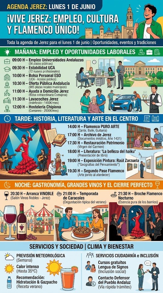 Infografía cronológica y detallada de la agenda de Jerez para el lunes 1 de junio, dividida en secciones de mañana, tarde, noche y servicios al ciudadano. En la cabecera destaca el título «¡Vive Jerez: Empleo, Cultura y Flamenco Único!» junto a una ilustración del perfil urbano de la ciudad. La sección de mañana (verde) enumera las ofertas de empleo público y privado con iconos de oficinas y servicios. La sección de tarde (azul) detalla los eventos culturales e históricos con ilustraciones de una bailaora flamenca, libros antiguos y una galería de arte. La sección de noche (naranja) muestra la inauguración de Vinoble, degustación de caracoles y espectáculos nocturnos. El bloque inferior resume la previsión del tiempo de 35 grados y las iniciativas de inclusión social como cursos de Lengua de Signos.