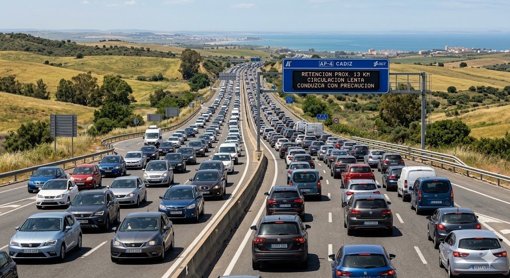 Retenciones en la AP-4 hacia Cádiz: 13 km de atascos este puente de mayo