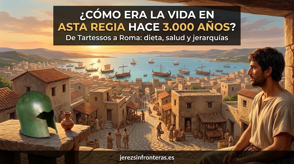 Recreación artística de la antigua Asta Regia al atardecer junto al casco corintio del Guadalete y el vasito bicónico tartésico.