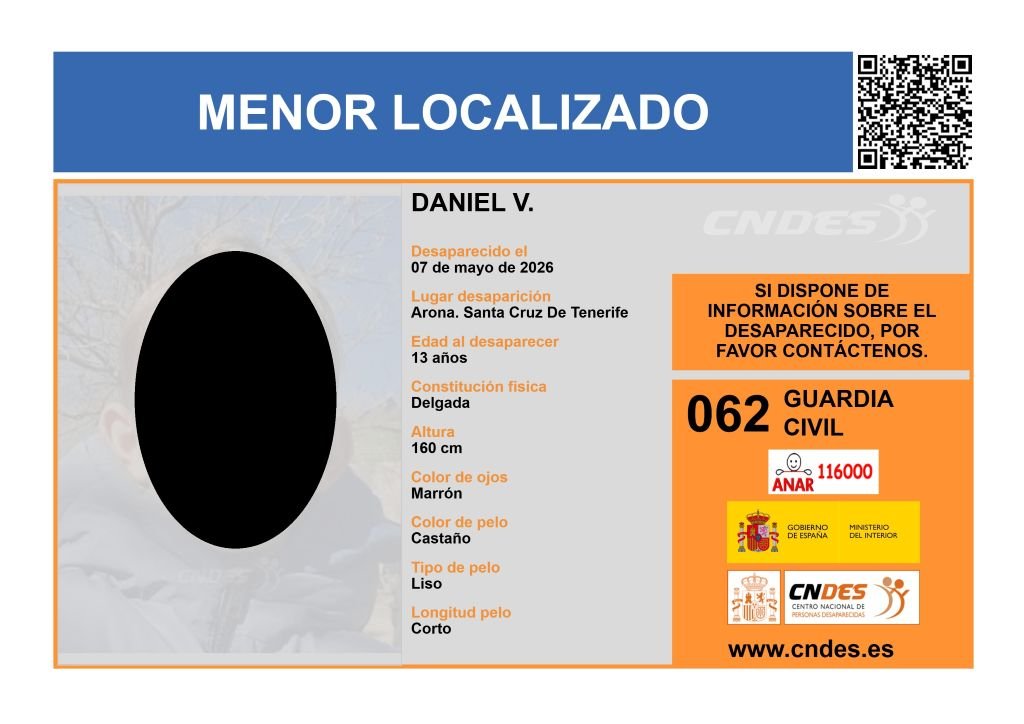 Cartel oficial del CNDES que informa sobre la localización de Daniel V., menor que estaba desaparecido en Arona, Santa Cruz de Tenerife.