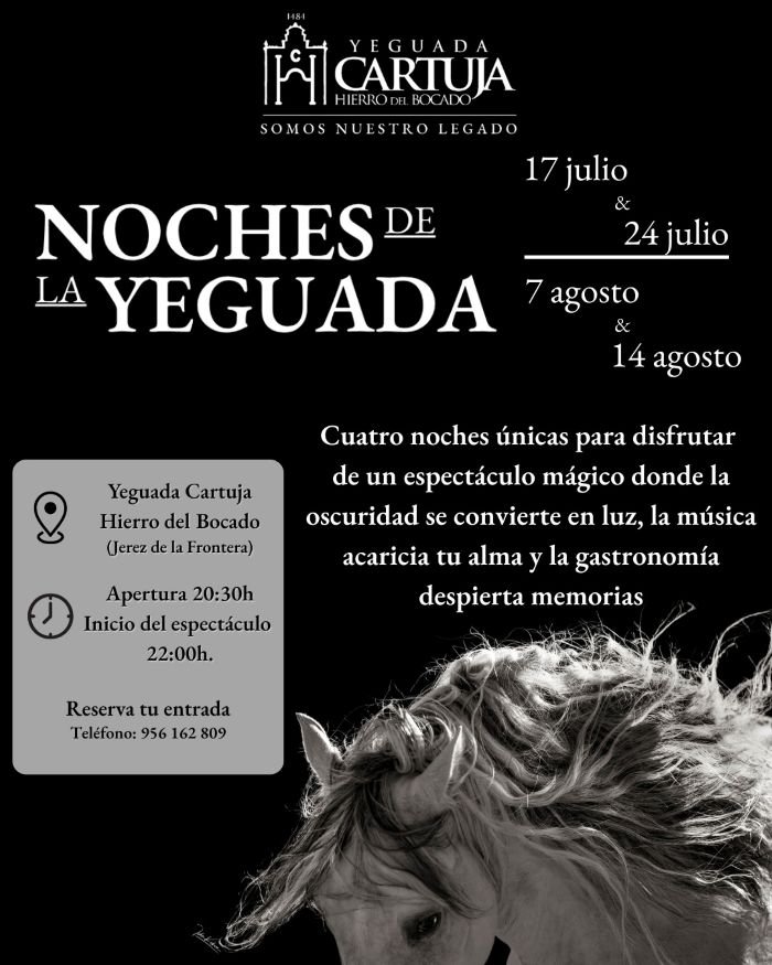 Cartel oficial de las Noches de la Yeguada Cartuja Hierro del Bocado con fechas en julio y agosto y teléfono de reservas.