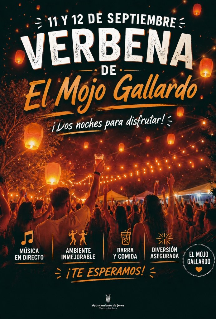 Cartel oficial de la Verbena de El Mojo Gallardo (11 y 12 de septiembre) organizado por el Ayuntamiento de Jerez. Se muestra una multitud festiva de noche bajo guirnaldas de luces y farolillos voladores, con textos informativos sobre música en directo, barra y diversión.