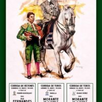 Cartel oficial de los festejos taurinos de la Feria del Caballo 2026 en la Plaza de Toros de Jerez, con ilustraciones de toreros y rejoneadores sobre fondo blanco.