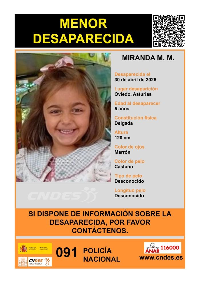 Cartel oficial de búsqueda de Miranda M. M., desaparecida en Oviedo, con sus rasgos físicos y foto.