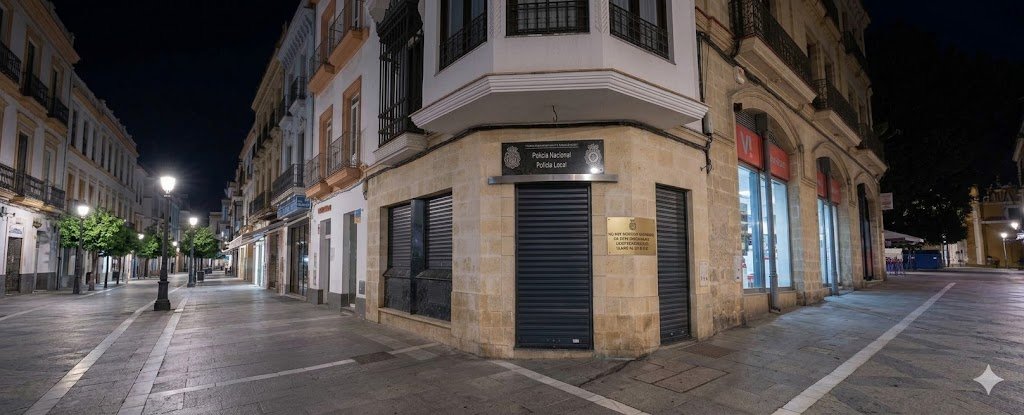 Fotografía nocturna de la Comisaría de la Policía Nacional y Local en Jerez de la Frontera, en la esquina de la Calle Larga, con todas sus persianas metálicas cerradas. La calle peatonal está desierta, iluminada por farolas antiguas y las luces de los escaparates vecinos.