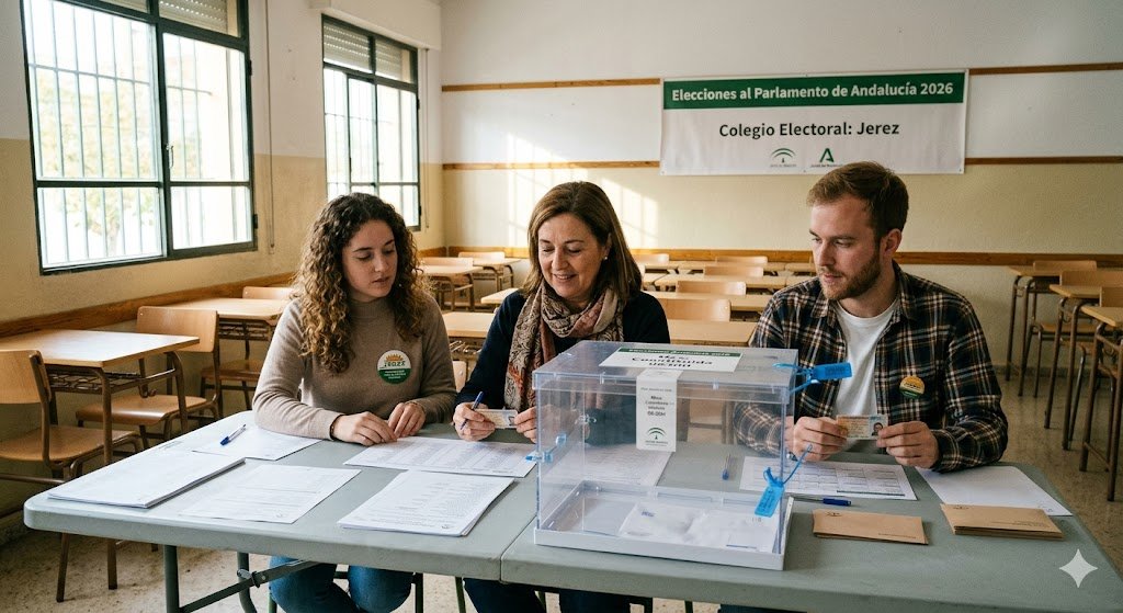 Fotografía de la constitución de la mesa electoral a las 8:00 AM en Jerez, donde se observa a los miembros de la mesa revisando la documentación oficial y preparando la urna para el inicio de la jornada en las Elecciones de Andalucía.
