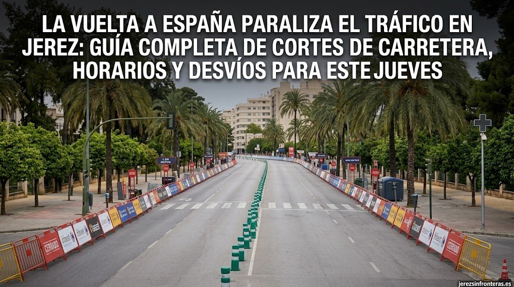 Fotografía en formato panorámico de la Avenida Alcalde Álvaro Domecq en Jerez cortada al tráfico con vallas, conos de señalización y el titular de los cortes de carreteras para La Vuelta a España.