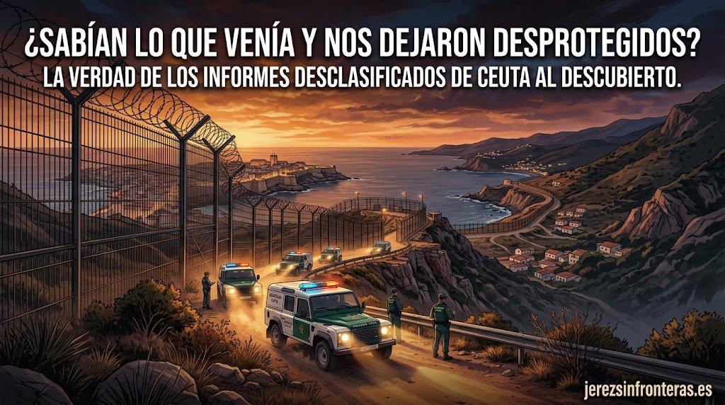 Ilustración panorámica al atardecer de la valla fronteriza de Ceuta con patrullas de la Guardia Civil y el titular de la desclasificación de informes de la crisis migratoria.