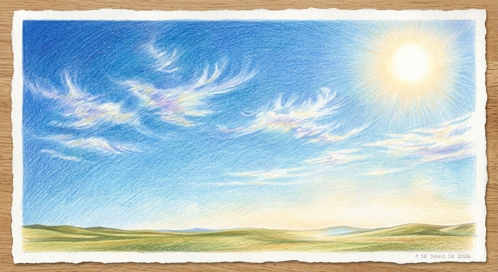 Dibujo con lápices de colores de un cielo azul despejado y luminoso en Jerez, con un sol radiante de tonos amarillos y suaves nubes blancas y violáceas difuminadas sobre un horizonte de llanura despejada, sin edificaciones.