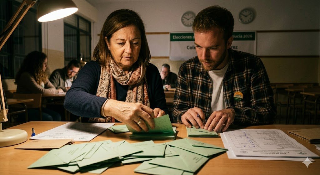 Vista general del escrutinio nocturno a las 10:00 PM en un colegio electoral de Jerez, mostrando a los miembros de la mesa clasificando y contando los montones de papeletas verdes bajo luz artificial.