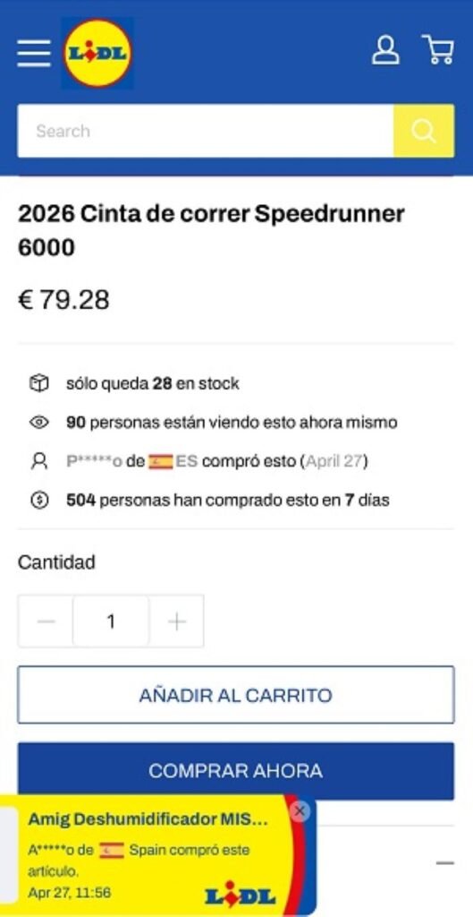 Interfaz de tienda online falsa de Lidl mostrando contadores de stock, personas viendo el producto y notificaciones de compras recientes.