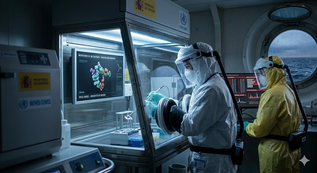 Primer plano fotorrealista de un científico con traje de bioseguridad nivel 4 examinando una secuencia de ADN en una pantalla táctil transparente dentro de un laboratorio de alta contención, ilustrando la vigilancia de mutaciones del hantavirus.