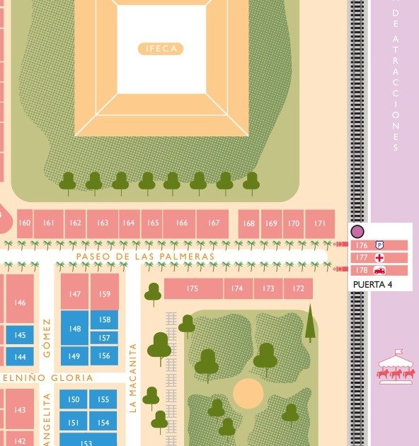 Mapa detallado del Real de la Feria de Jerez señalando la ubicación de la caseta de la Policía Nacional y Local junto a IFECA.