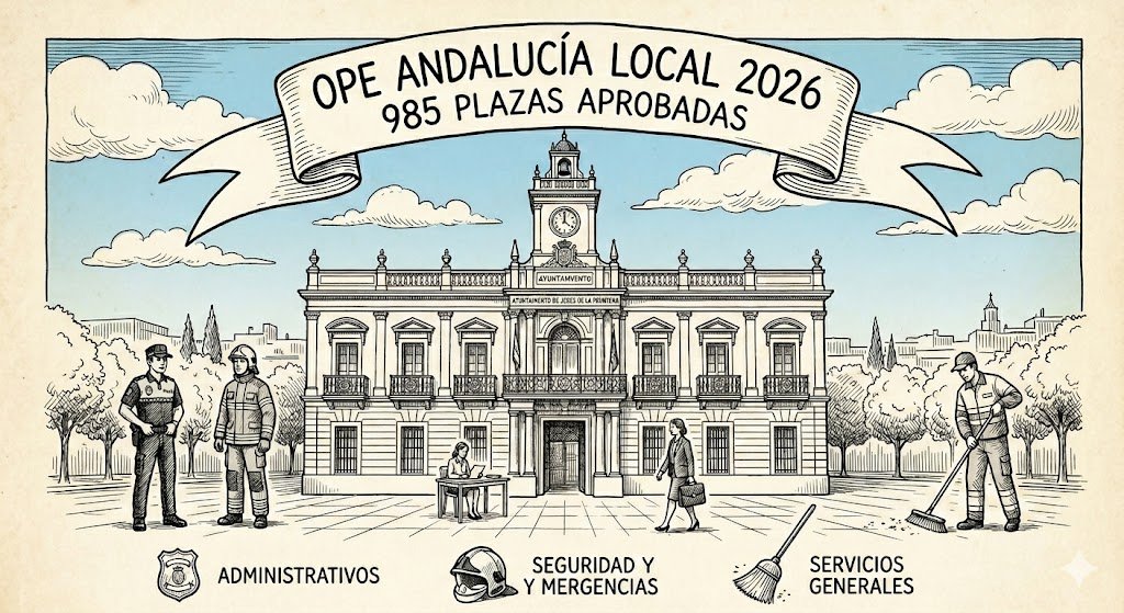 Dibujo a pluma de estilo editorial que muestra la fachada clásica del Ayuntamiento de Jerez de la Frontera bajo un cartel que indica OPE Andalucía Local 2026 con 985 plazas aprobadas, rodeado por figuras que representan a opositores de las categorías de administrativos, seguridad y emergencias, y servicios generales.