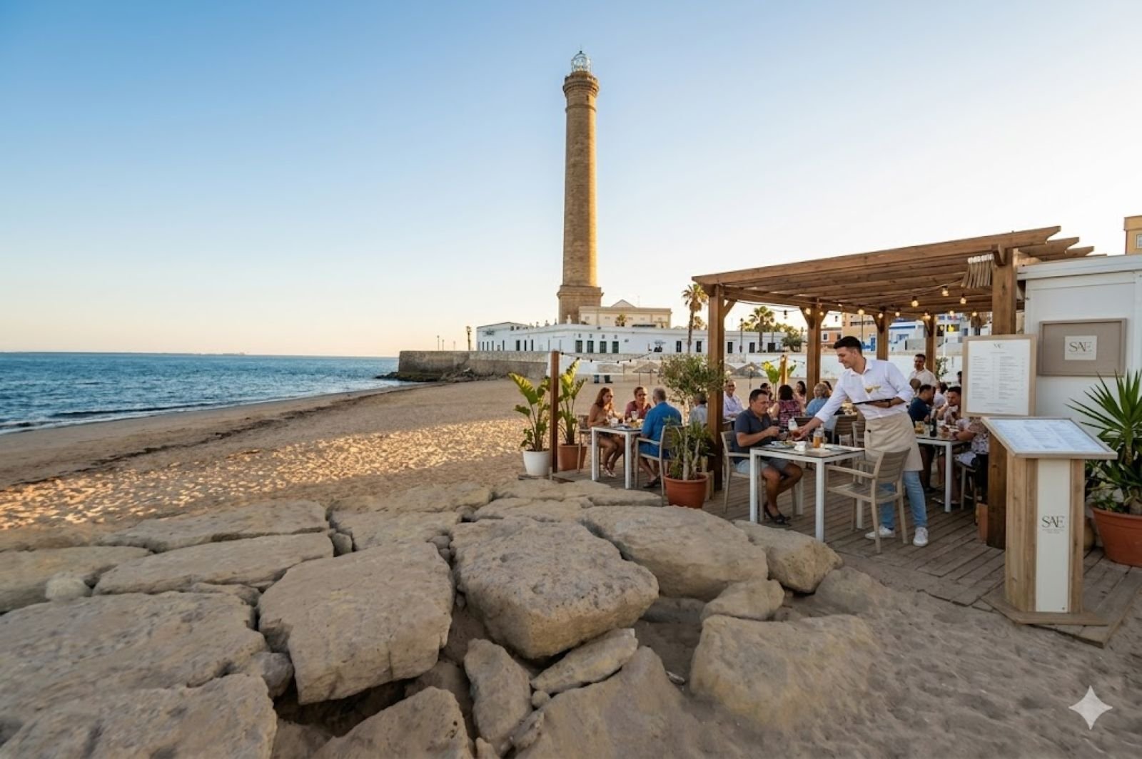 Camarero de sala sirviendo a clientes en la terraza de un restaurante en la playa de Chipiona con el Faro al fondo.