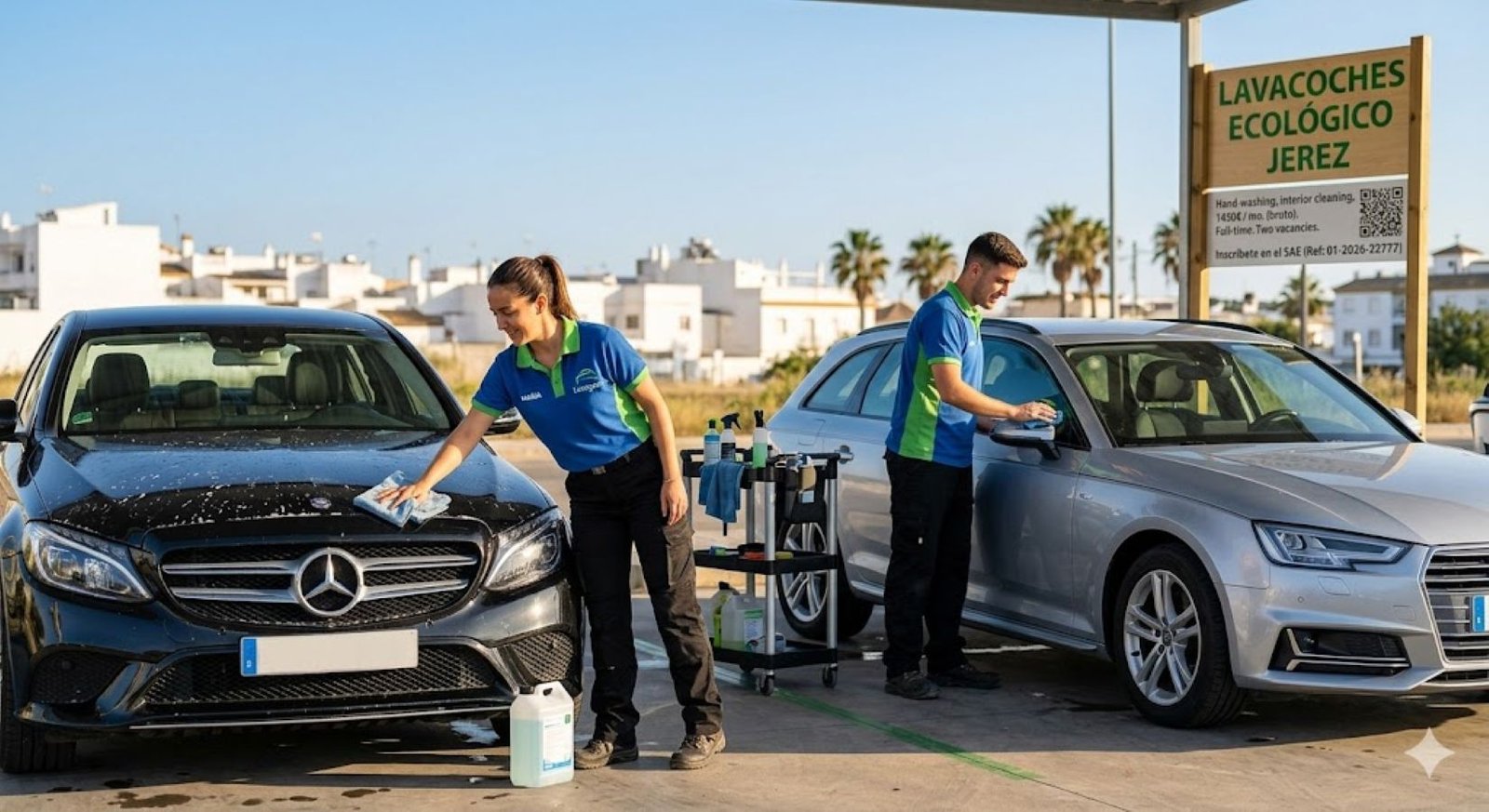 Dos operarios, un hombre y una mujer, con uniforme azul y verde limpian minuciosamente dos coches en un centro de lavado ecológico exterior en Jerez de la Frontera, junto a un cartel informativo de la oferta de empleo del SAE.