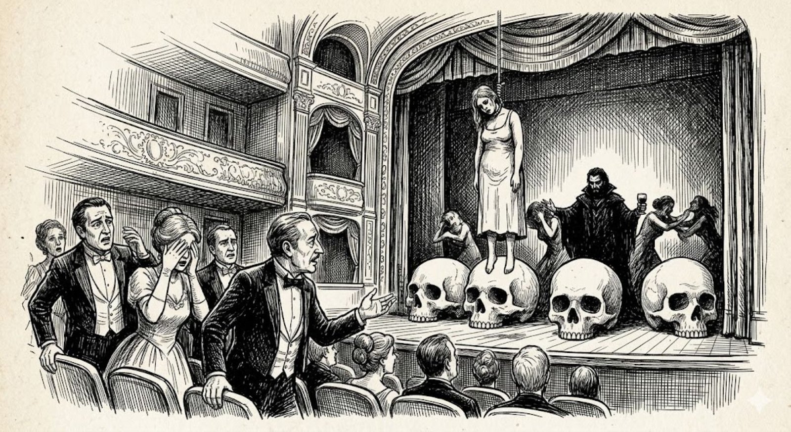 Ilustración a pluma que representa la controvertida escena de 'Don Giovanni' en el Teatro Villamarta, con una mujer de pie sobre cuatro cráneos etiquetados "Donna Anna," "Donna Elvira," "Zerlina," y "Comendador," y Don Giovanni con una soga al cuello, ante una audiencia que reacciona con conmoción y comienza a abandonar sus asientos.