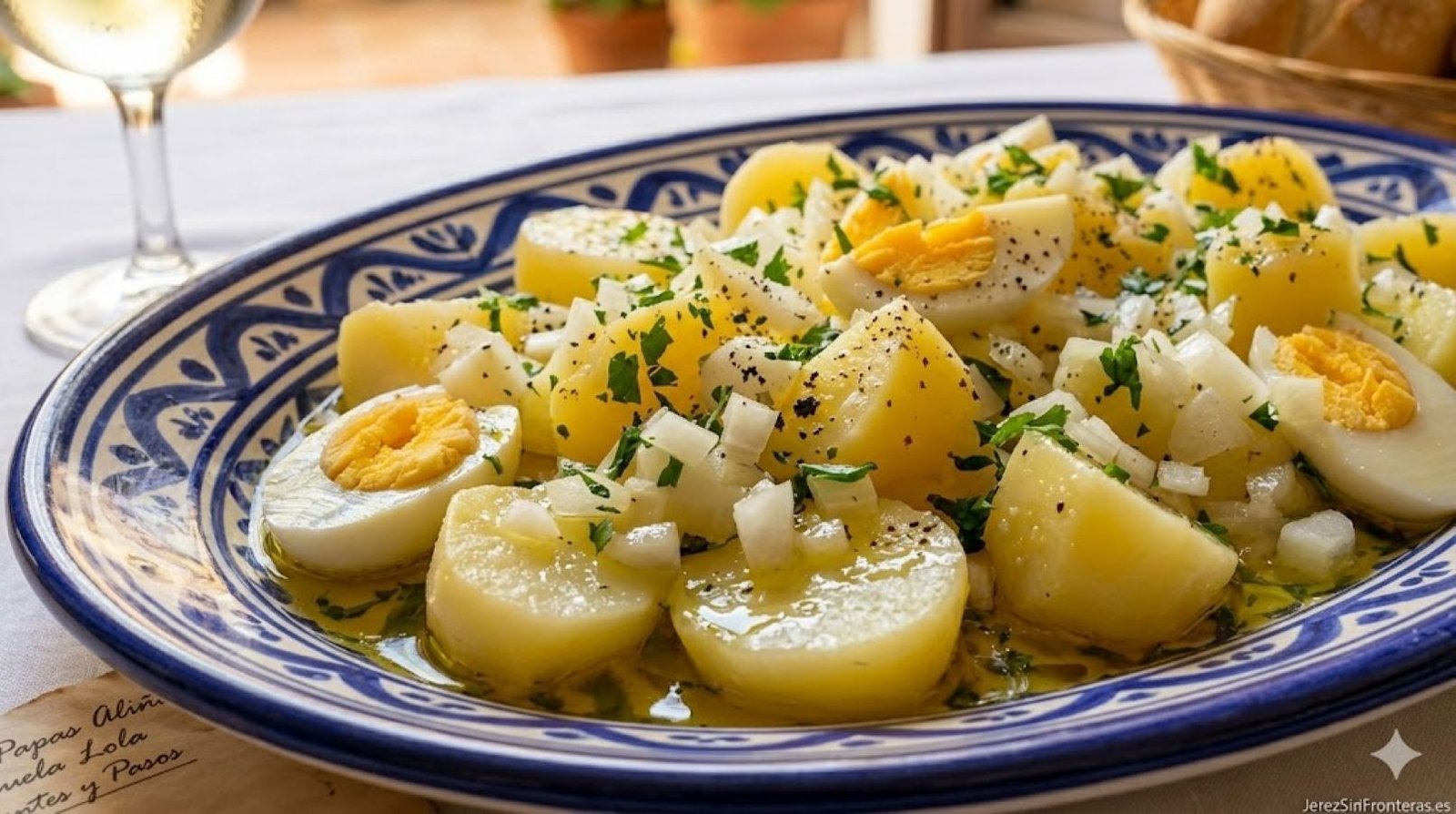Primer plano detallado de una fuente con la receta de las papas aliñás de la abuela Lola de Jerez, mostrando patatas cocidas troceadas, huevo duro, cebolla nueva picada, perejil fresco y aceite de oliva virgen extra.