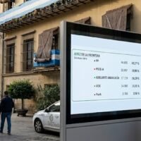 Fotografía de la fachada del Ayuntamiento de Jerez de la Frontera con banderas oficiales, donde destaca en primer plano una pantalla informativa digital urbana que muestra los resultados locales de las elecciones andaluzas de 2026 bajo el encabezado de Jerez de la Frontera con el escrutinio al 100%.