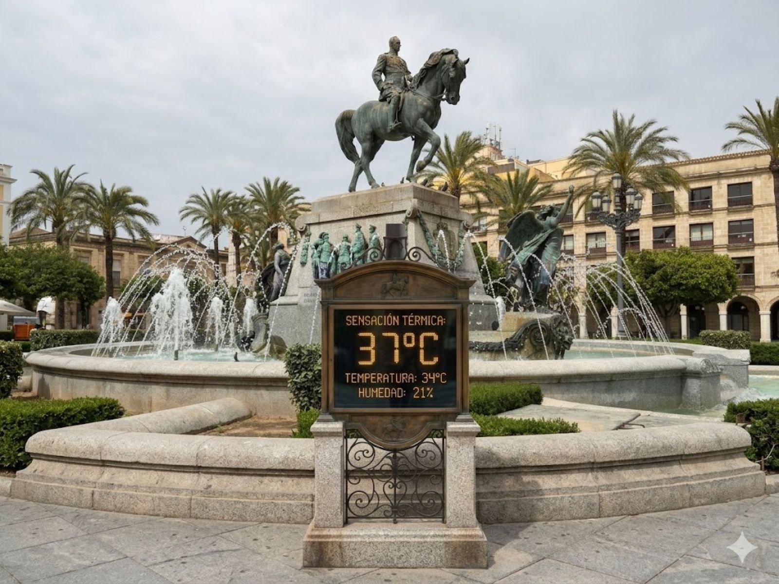 Termómetro digital urbano en primer plano mostrando una sensación térmica de 37 grados, con la fuente y la estatua ecuestre de Miguel Primo de Rivera en la Plaza del Arenal de Jerez de la Frontera como fondo.