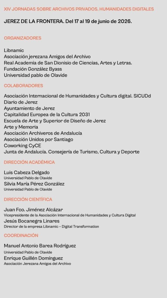 Listado de organizadores de las Jornadas de Archivos en Jerez incluyendo Libnamic, Universidad Pablo de Olavide y Fundación González Byass.