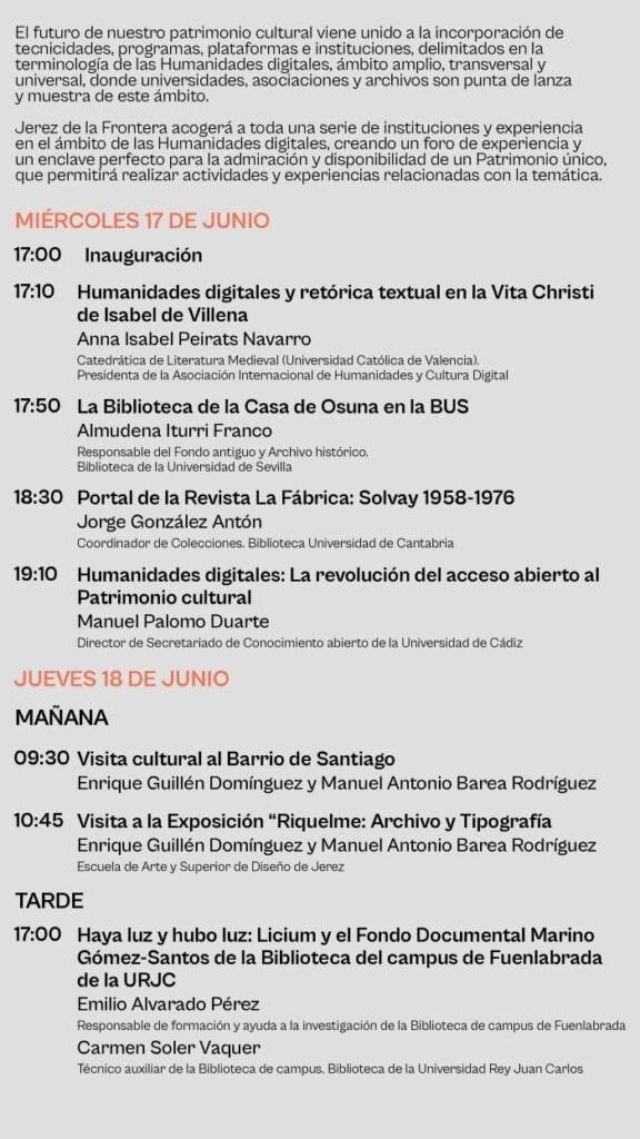 Programa detallado de ponencias sobre retórica textual, acceso abierto y patrimonio digital para los días 17 y 18 de junio.