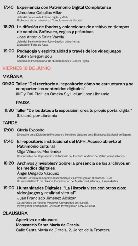 Cronograma de talleres técnicos de Libnamic sobre Omeka S y Licium con clausura en el Monasterio Santa María de Gracia.