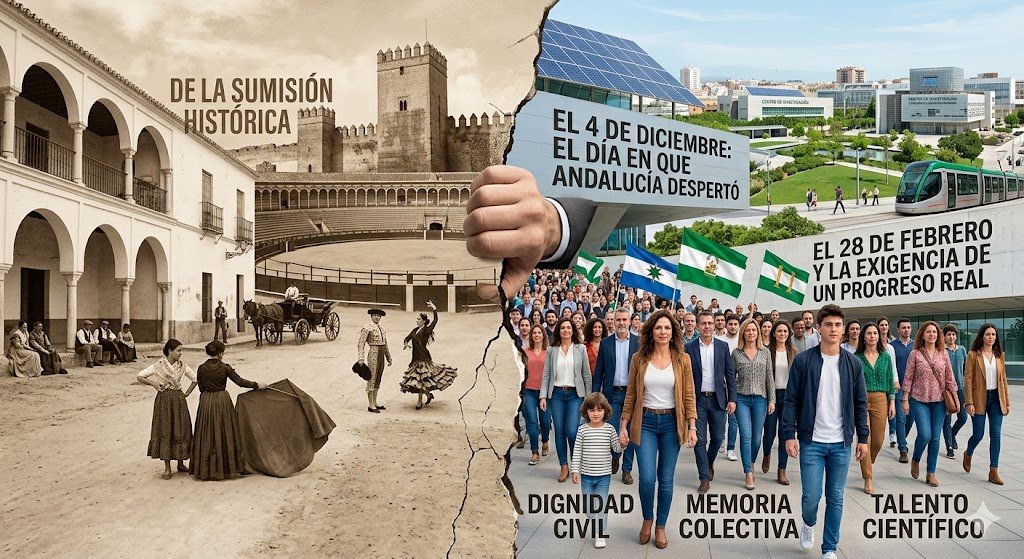 Ilustración conceptual dividida verticalmente por una grieta en el centro. A la izquierda, una sección en tonos sepia titulada "DE LA SUMISIÓN HISTÓRICA" muestra estampas costumbristas con un carruaje de caballos, toreros, bailaores flamencos y un castillo antiguo de fondo. A la derecha, una sección a todo color muestra una multitud de ciudadanos andaluces de diversas edades avanzando con decisión bajo los lemas "EL 4 DE DICIEMBRE: EL DÍA EN QUE ANDALUCÍA DESPERTÓ" y "EL 28 DE FEBRERO Y LA EXIGENCIA DE UN PROGRESO REAL", con banderas de Andalucía y un entorno urbano moderno con tranvía, placas solares y edificios tecnológicos con los rótulos "DIGNIDAD CIVIL", "MEMORIA COLECTIVA" y "TALENTO CIENTÍFICO".