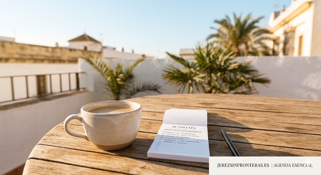 Taza de café y libreta con apuntes sobre una mesa de madera en una terraza soleada de Jerez con vistas a azoteas tradicionales y palmeras bajo un cielo despejado.
