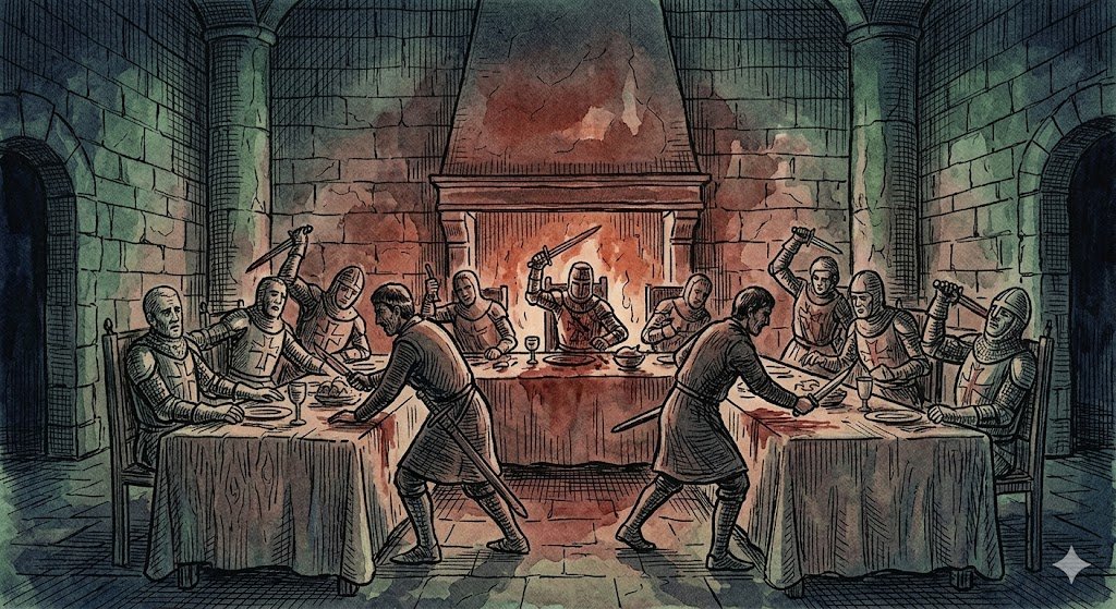 Dibujo a pluma y color que muestra la traición en el banquete del Castillo de Melgarejo, con figuras cristianas esquemáticas siendo atacadas por árabes disfrazados bajo una luz óxido.