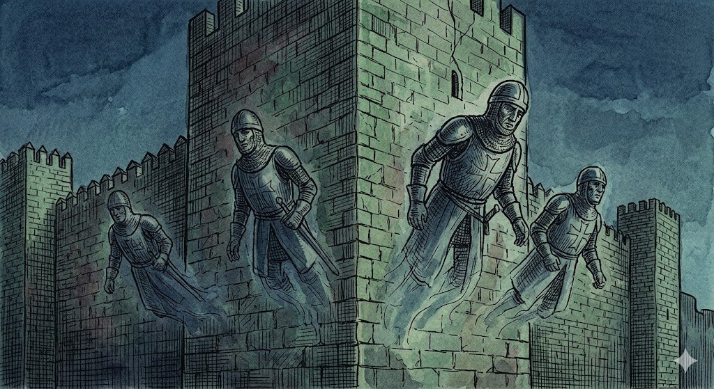 Dibujo a pluma y color que muestra la Torre del Homenaje de Melgarejo rodeada de verde alga y azul de medianoche, con figuras translúcidas de caballeros emergiendo de los muros.