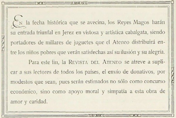 Fragmento histórico de la Revista del Ateneo solicitando donativos para la Cabalgata de Reyes Magos organizada por el Ateneo de Jerez.