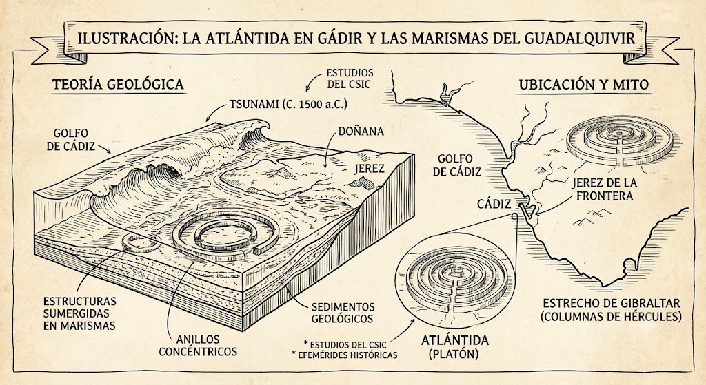 Dibujo de estilo ilustración médica e infografía a pluma y tinta sobre pergamino que muestra una teoría geológica y un mapa de la ubicación de la Atlántida en Cádiz y Doñana. A la izquierda, un diagrama de corte transversal muestra un tsunami del año 1500 antes de Cristo golpeando el Golfo de Cádiz y cubriendo de sedimentos geológicos unas estructuras con anillos concéntricos sumergidas en las marismas cerca de Jerez. A la derecha, un mapa costero detalla la ubicación geográfica desde Jerez de la Frontera y Cádiz hasta el Estrecho de Gibraltar (Columnas de Hércules), con un esquema circular detallado de la Atlántida descrita por Platón y anotaciones sobre estudios del CSIC y efemérides históricas.