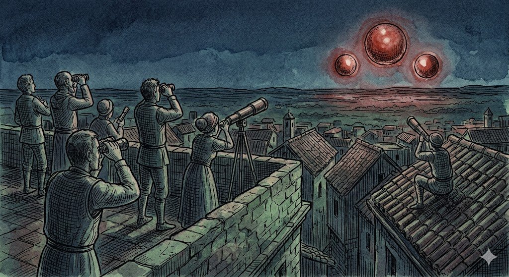 Dibujo a pluma y color que muestra a jerezanos en las azoteas observando tres esferas luminosas vibrantes en azul de medianoche y óxido sobre el Coto de Doñana.